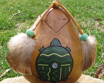 Turtle Pot, Prayer Pot, Gourd Art, Moonstone Cabochon, Glass Crow Beads, Turkey Feathers, Pyrography Bowl, Hand Carved, Green and Brown Pot