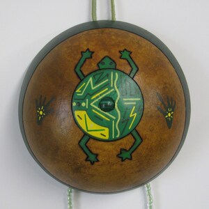 Pyrography Gourd Art Wall Hanging: Frog Totem, Malachite, Turkey Feathers
