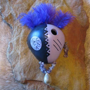 Gourd Art Mask , Amethyst Chips , Cowrie Shell ,  Purple Feathers , Wallhanging , Gift for Her , Gift for Him , Gemstone , Necklace Earrings