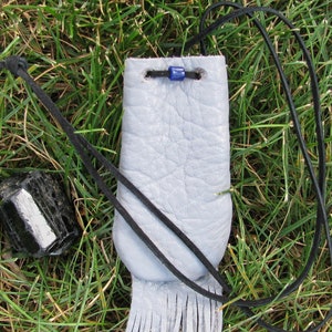 Gray Medicine Bag , Crystal Pouch , Shaman&#39;s Bag , Pow Wow Dance Bag , Fringed Amulet Bag , Leather Neck Bag , Gift For Her , Gift For Him