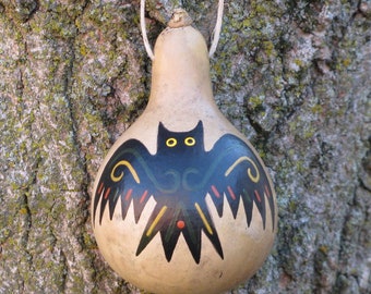 Owl Totem Ornament, Gourd Owl Ornament , Hand-Painted , Holiday Christmas , Gift For Her , Gift For Him , Orange Yellow , Black Green