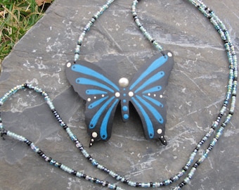 Butterfly Necklace, Gourd Butterfly, Black Blue Butterfly, Hand-painted Gourd, Animal Charm, Gourd Jewelry, Wearable Art, Nature Inspired