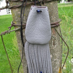 Handmade Grey Leather Medicine Bag: Fringed Crystal Amulet Pouch