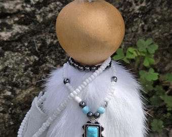 Gourd Spirit Doll: Owl, Hematite, White Art Doll