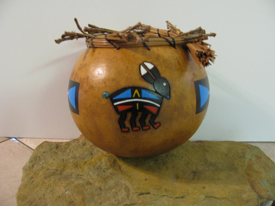 Pyrography Jack Rabbit Gourd Bowl: Copper Turquoise Inlay, Pine Needle ...