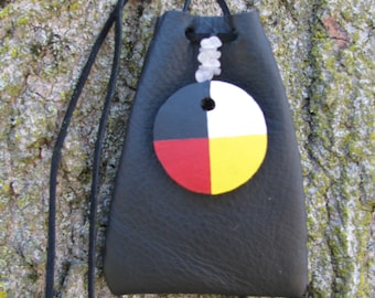 Medicine Bags, Black Leather Pouch, Medicine Wheel, Crystal Pouch, Meditation Tools, Gift For Her, Gift For Him, Leather Necklace, Spiritual