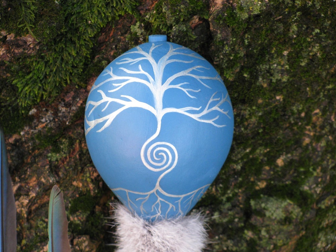 Tree of Life Rattle, Gourd Shaker, Sound Therapy, Blue Silver Grey ...