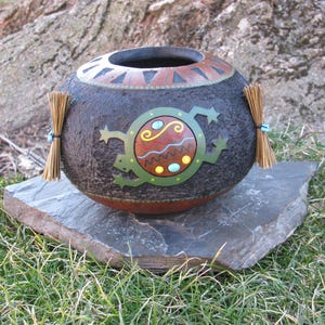 Handcarved Frog Gourd Bowl: Pyrography Art With Turquoise & Sweetgrass ...