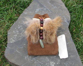 Medicine Bags, Leather Pouch, Bobcat Hide, Aventurine Wood, Crystal Stones Pouch, Healing Tool, Meditation Tools, Gift For Her, Gift For Him