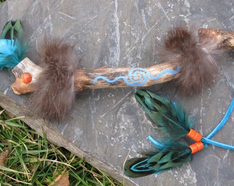 Talking Stick, Rabbit Fur, Pheasant Feathers, Orange Copper, Turquoise, Nature Inspired, New Age, Metaphysical, Ritual Tool, Hand-painted