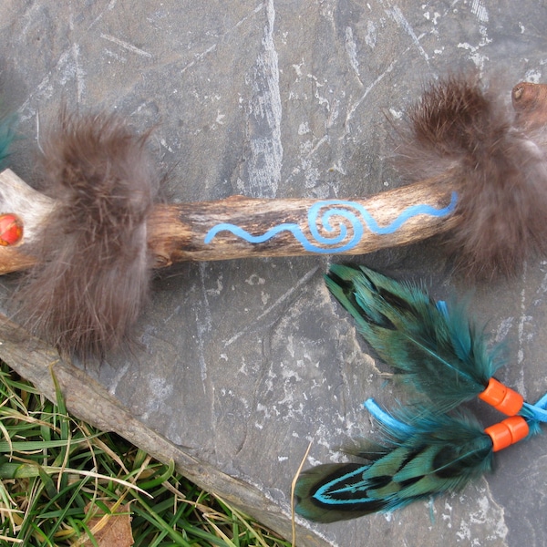 Talking Stick, Rabbit Fur, Pheasant Feathers, Orange Copper, Turquoise, Nature Inspired, New Age, Metaphysical, Ritual Tool, Hand-painted