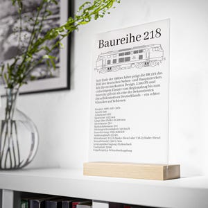 Acrylic stand BR 218, blueprint railway design with wooden base, gift for railway lovers