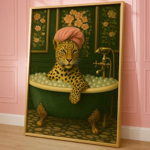 Leopard in Bathtub Art Print: Glam Bathroom Wall Decor