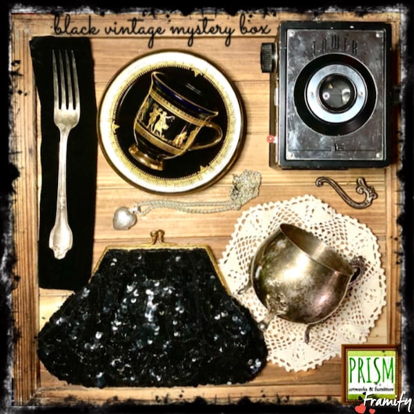 Black Vintage Mystery Box - Gift Box with Vintage & Antique Cottagecore Black Themed Collectibles and Decor - 5 to 7 Curated Thrifted Finds