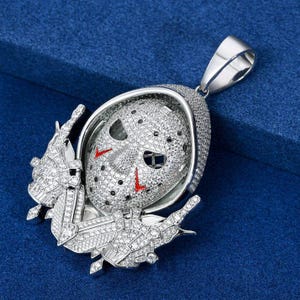Iced Out Jason Mask Pendant, Hip Hop Diamond Jewelry Pendant Necklaces, VSS Moissanite & Cubic Zirconia Bling,925 Silver Metal Gift For Him.