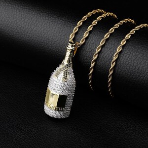 Collar con colgante de botella de champán estilo hip hop, con moissanita VVS helada y diamante de circonita cúbica, en plata de ley 925, ideal como regalo de joyería.