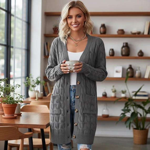 Oversized Chunky Knit Cardigan Women's Long Sleeve Buttoned