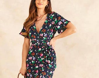 Schwarzes Blumen Print Midi Kleid: V-Neck Viscose Wrap Sommerkleid