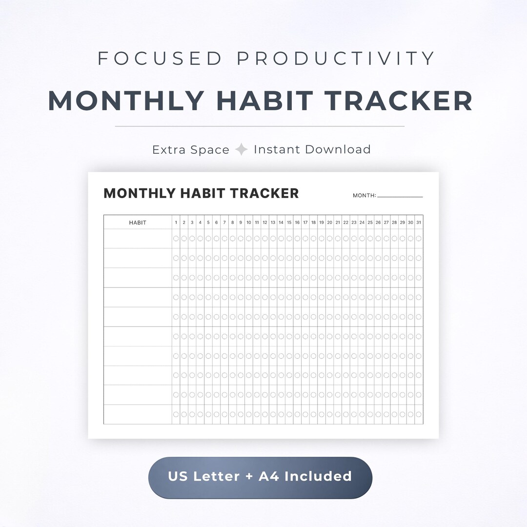 Monthly Habit Tracker Printable PDF - Spacious Layout, Minimal Planner ...
