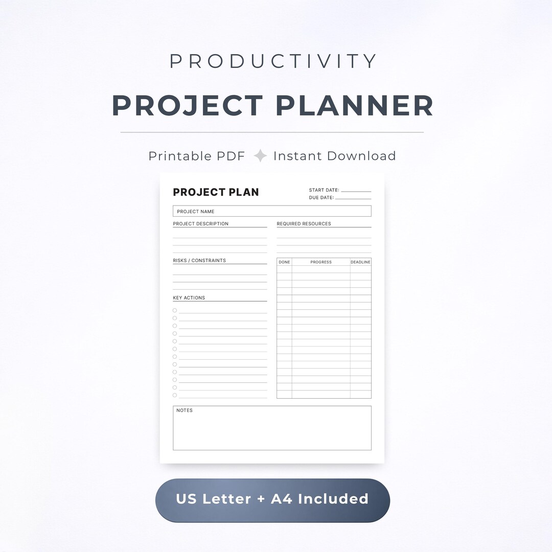 Project Planner Printable PDF for Work - Classic Layout - Minimal ...