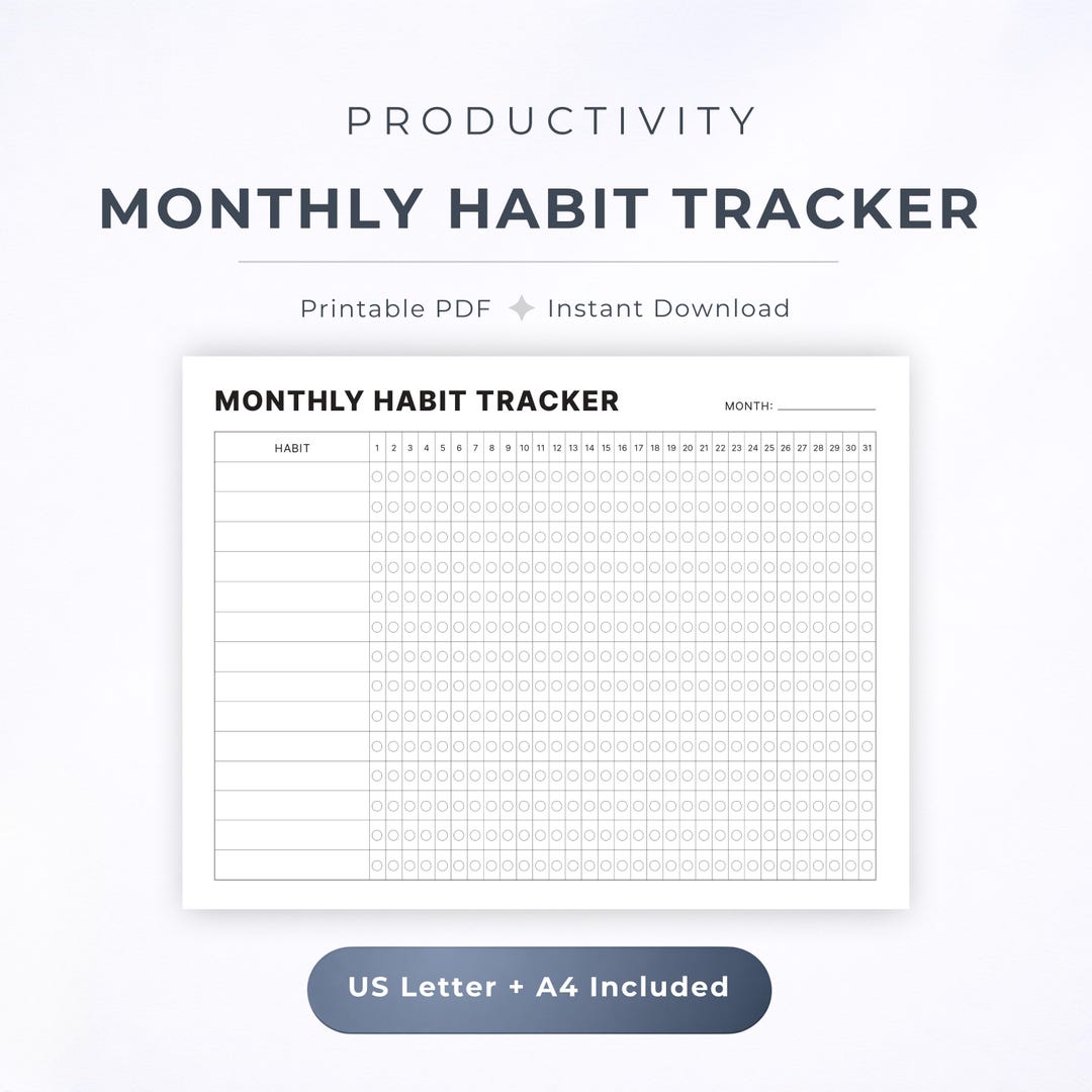 Monthly Habit Tracker Printable PDF - Classic Layout, Minimal Planner ...