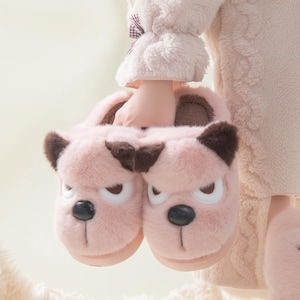 Vintage angry dog Slippers,Funny Animal Plush Slippers for Women,Fluffy Cozy Winter Indoor Shoes,Warm Kawaii Gift Idea,Warm Kawaii slides