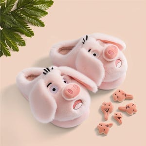 Vintage cute pig Slippers,Funny Animal Plush Slippers for Women,Fluffy Cozy Winter Indoor Shoes,Warm Kawaii Gift Idea,Warm Kawaii slides