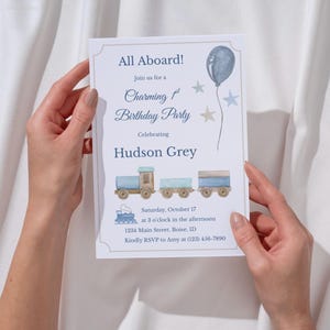 All Aboard Train Birthday Invitation | Printable 1st Birthday Party Invite | Boy Birthday Digital Download | Editable Train Party Template