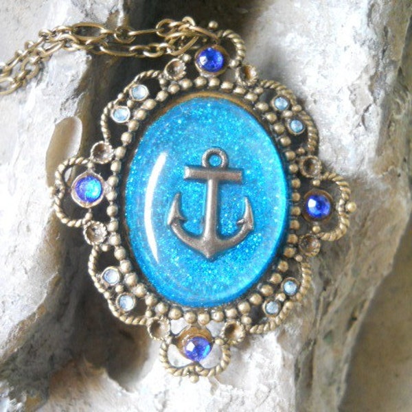 Blue Glitter Anchor Pendant Necklace