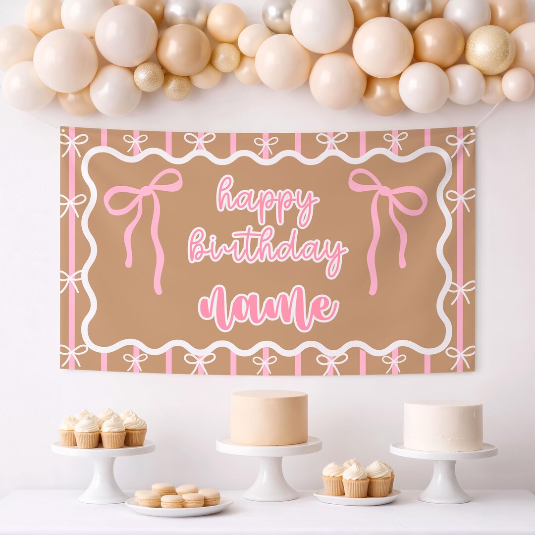 Coquette Birthday Banner Template | Editable Bow Preppy Theme Sign ...