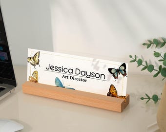 Personalized Butterfly Acrylic Desk Name Plate with Wooden Base, Custom Office Name Sign