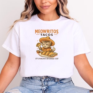 Camiseta divertida de gato con tacos / Camiseta de gato con tacos Meowritos / Camiseta de gato Nacho Average / Camiseta linda de gatito con sombrero / Regalo para amantes de los gatos