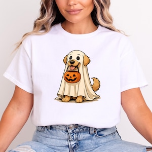 Geist Golden Retriever Halloween T-Shirt | Niedliches goldenes Süßes oder Saures T-Shirt | Spooky Season Hundeliebhaber Shirt