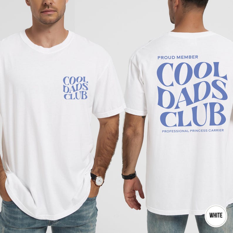 Front and back mockup showing a white Comfort Colors t-shirt with small chest graphic and large Cool Dads Club back print.