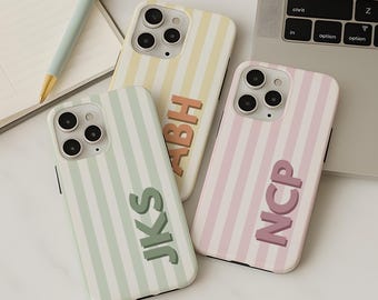 Personalized Monogram Phone Case, Custom Initials Striped iPhone 17 16 15 14 Case, Minimalist Pastel Cover, Gift For Her, Samsung S25 S24