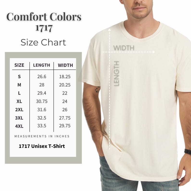 Comfort Colors 1717 size chart showing shirt measurements from size Small through 4XL.