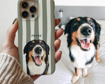 Personalized Dog Photo Phone Case, Custom Pet Portrait Striped iPhone Case, Pet Lover Gift, Custom Dog Illustration Cover