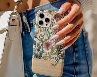 Personalized Floral Phone Case for iPhone 17 16 15 14 13, Samsung S26 S25 S24, Pixel 9 8 7, Wildflower Wood Grain Cover, Gift For Her