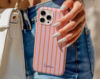 Personalized Striped Phone Case, Custom Name iPhone Case, Minimalist Preppy Cover for iPhone 17 16 15, Samsung S25, Pixel 9