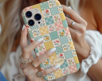 Personalized Cottagecore Floral Phone Case MagSafe, Patchwork Quilt iPhone Case, Custom Name Aesthetic Cover Gift for Her