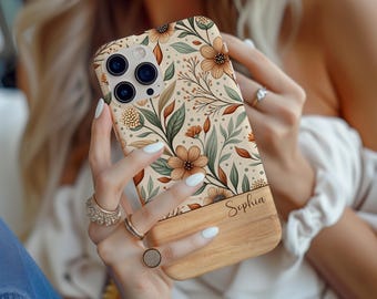 Personalized Floral Wood Grain Phone Case, Custom Name Phone Case, Botanical Wildflower Cover for iPhone, Samsung, Pixel