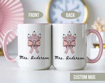 Personalized Teacher Coffee Mug, Pink Pencil Design, Custom Name