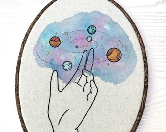 Hand Conjuring A Galaxy Finished water color hand embroidery wall art Large size