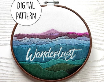 Wanderlust | Digital Embroidery Pattern | Diving Head First X Vika's Space | Beginner Friendly | Hand Embroidery | PDF | Mountains