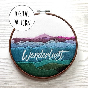 Wanderlust Digital Embroidery Pattern Diving Head First X Vika's Space Beginner Friendly Hand Embroidery PDF Mountains image 1