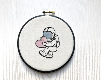 Little Astronaut hugging a heart-Finished water color hand embroidery wall art 5in