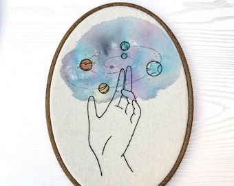 Hand Conjuring A Galaxy Finished water color hand embroidery wall art Large size