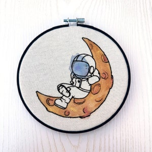 Little Astronaut Napping on the Moon Finished water color hand embroidery wall art medium size