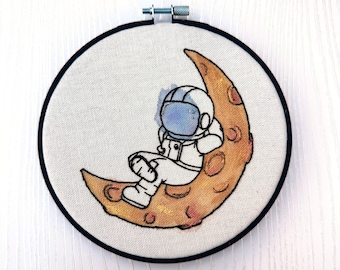 Little Astronaut Napping on the Moon Finished water color hand embroidery wall art medium size