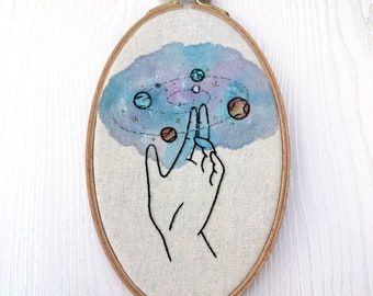 Hand Conjuring A Galaxy Finished water color hand embroidery wall art medium size